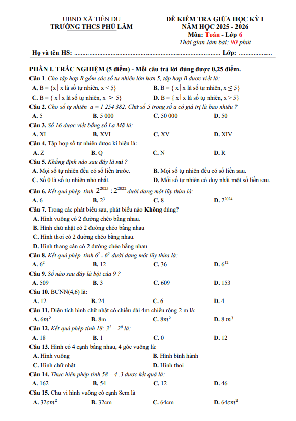 đề giữa học kỳ 1 toán 6 năm 2025 – 2026 trường thcs phú lâm – bắc ninh
