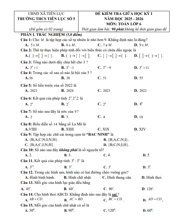 đề giữa học kỳ 1 toán 6 năm 2025 – 2026 trường thcs tiên lục 5 – bắc ninh
