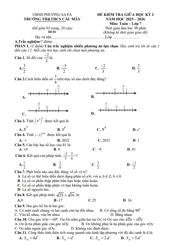 đề giữa học kỳ 1 toán 7 năm 2025 – 2026 trường th&thcs cầu mây – lào cai