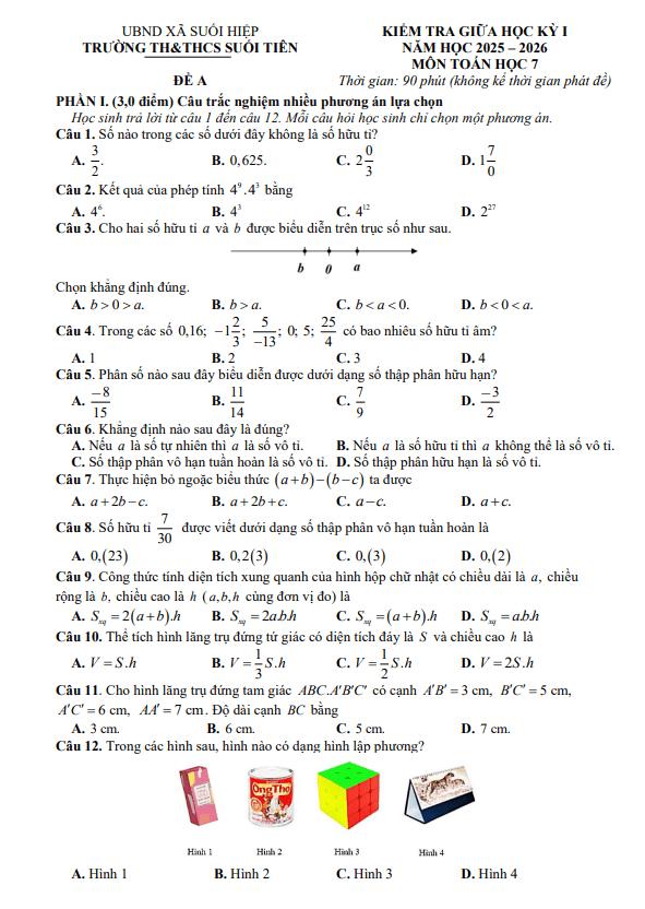 đề giữa học kỳ 1 toán 7 năm 2025 – 2026 trường th&thcs suối tiên – khánh hòa