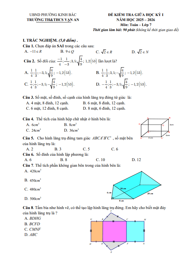 đề giữa học kỳ 1 toán 7 năm 2025 – 2026 trường th&thcs vạn an – bắc ninh