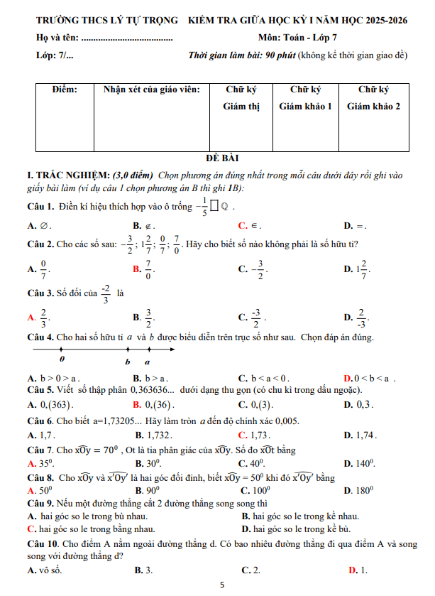 đề giữa học kỳ 1 toán 7 năm 2025 – 2026 trường thcs lý tự trọng – đà nẵng