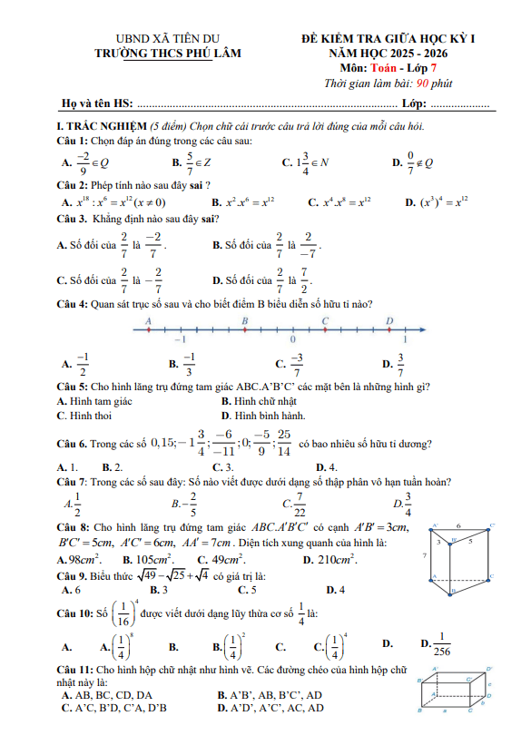 đề giữa học kỳ 1 toán 7 năm 2025 – 2026 trường thcs phú lâm – bắc ninh