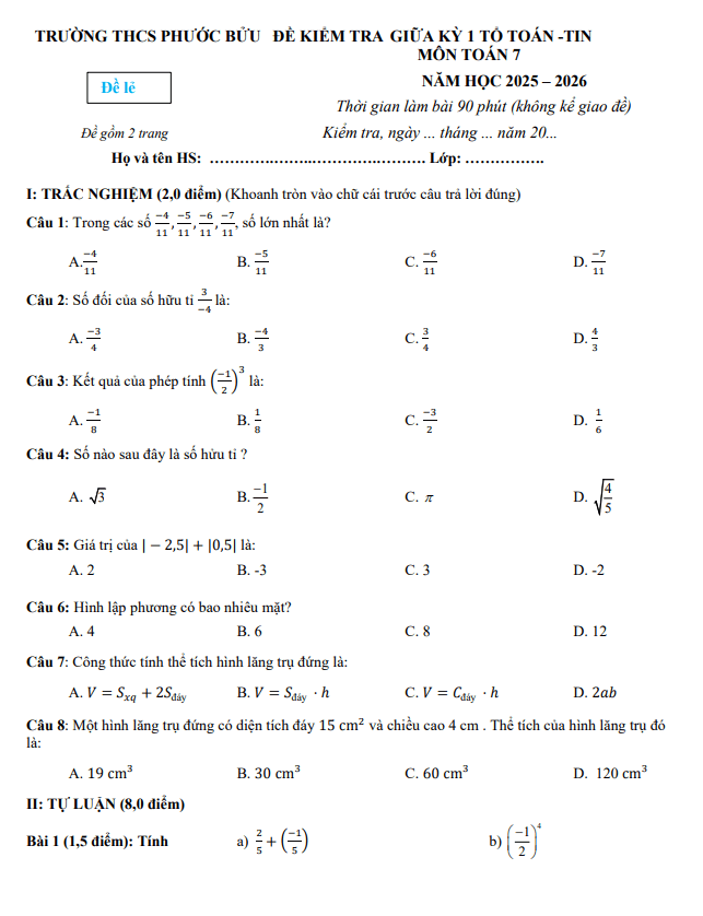 đề giữa học kỳ 1 toán 7 năm 2025 – 2026 trường thcs phước bửu – tp hcm