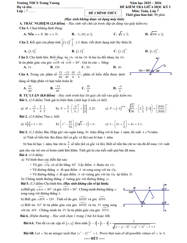 đề giữa học kỳ 1 toán 7 năm 2025 – 2026 trường thcs trưng vương – hà nội