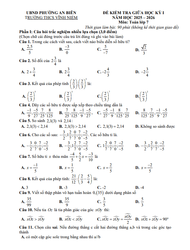đề giữa học kỳ 1 toán 7 năm 2025 – 2026 trường thcs vĩnh niệm – hải phòng