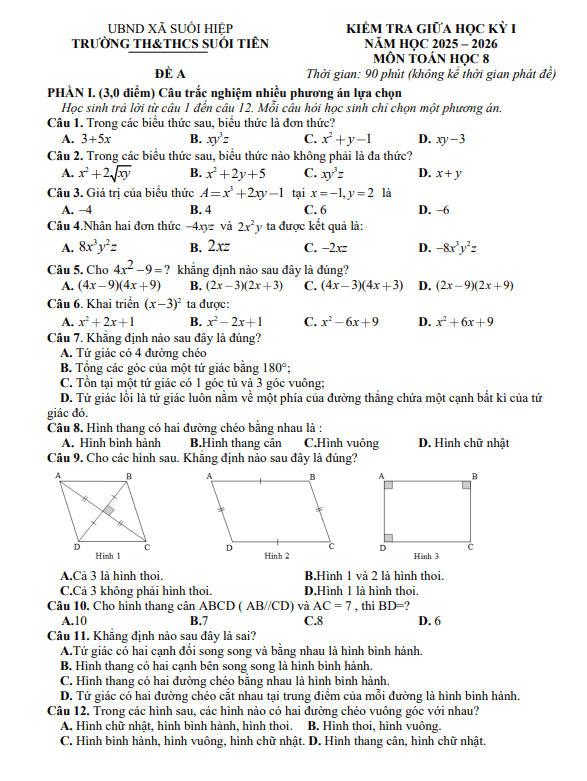 đề giữa học kỳ 1 toán 8 năm 2025 – 2026 trường th&thcs suối tiên – khánh hòa