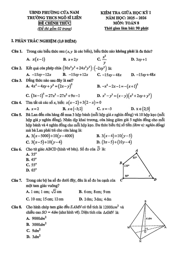đề giữa học kỳ 1 toán 8 năm 2025 – 2026 trường thcs ngô sĩ liên – hà nội