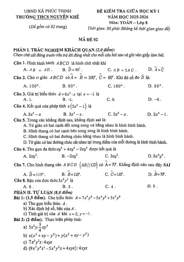 đề giữa học kỳ 1 toán 8 năm 2025 – 2026 trường thcs nguyên khê – hà nội
