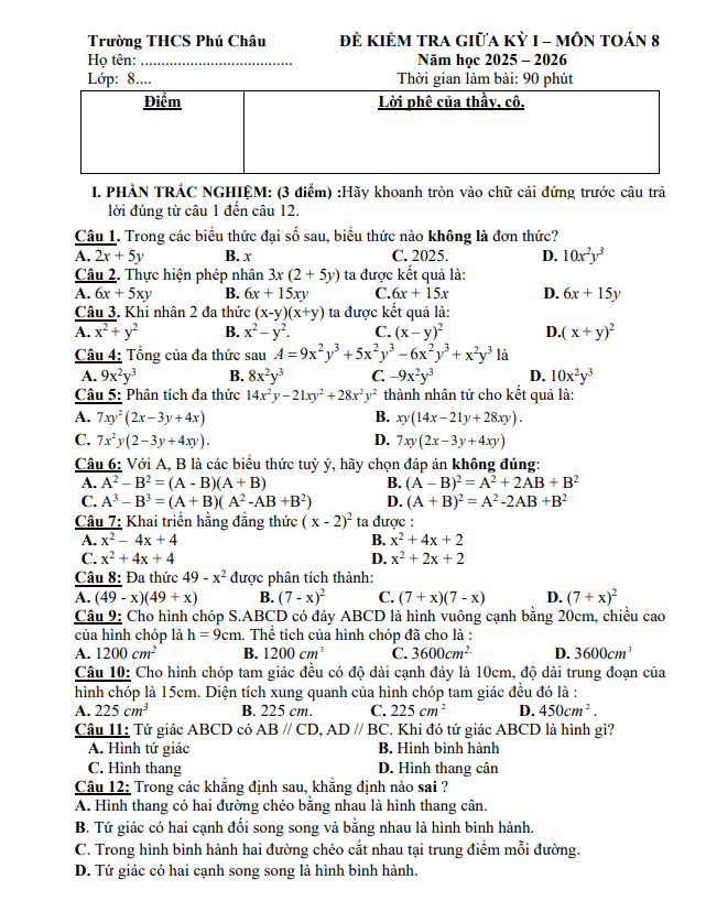 đề giữa học kỳ 1 toán 8 năm 2025 – 2026 trường thcs phú châu – hà nội
