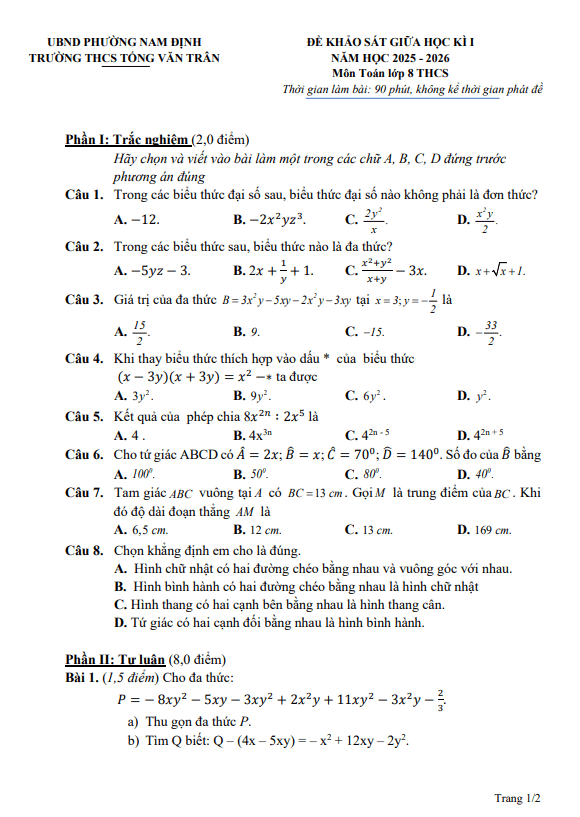 đề giữa học kỳ 1 toán 8 năm 2025 – 2026 trường thcs tống văn trân – ninh bình