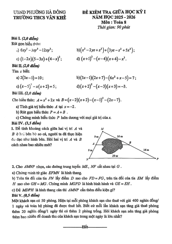 đề giữa học kỳ 1 toán 8 năm 2025 – 2026 trường thcs văn khê – hà nội