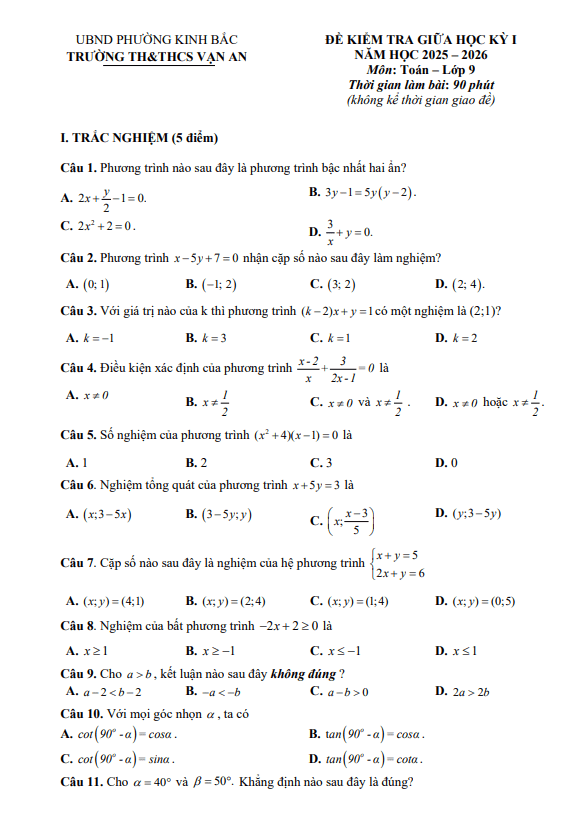 đề giữa học kỳ 1 toán 9 năm 2025 – 2026 trường th&thcs vạn an – bắc ninh