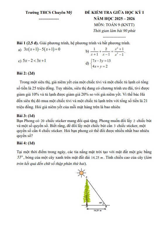 đề giữa học kỳ 1 toán 9 năm 2025 – 2026 trường thcs chuyên mỹ – hà nội