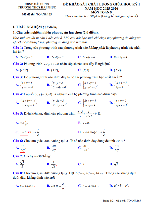 đề giữa học kỳ 1 toán 9 năm 2025 – 2026 trường thcs hải phúc – ninh bình