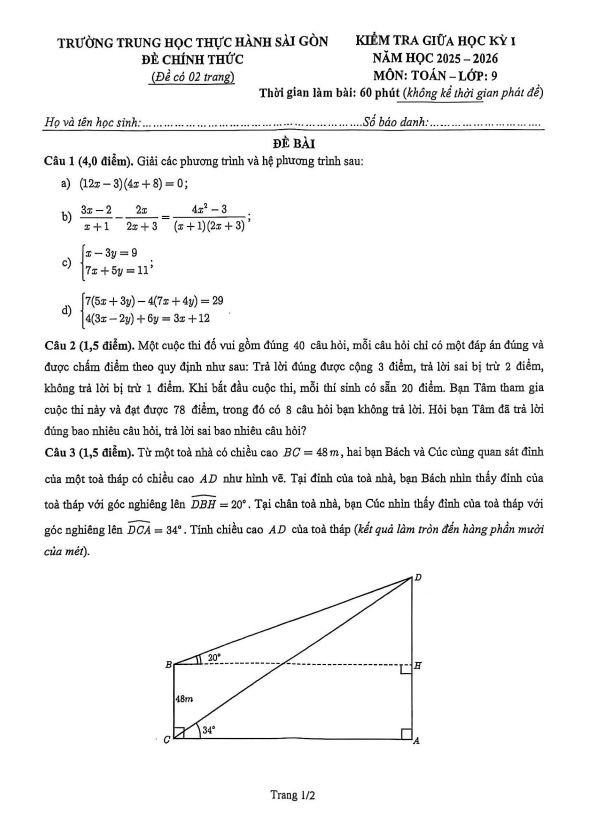 đề giữa học kỳ 1 toán 9 năm 2025 – 2026 trường thực hành sài gòn – tp hcm