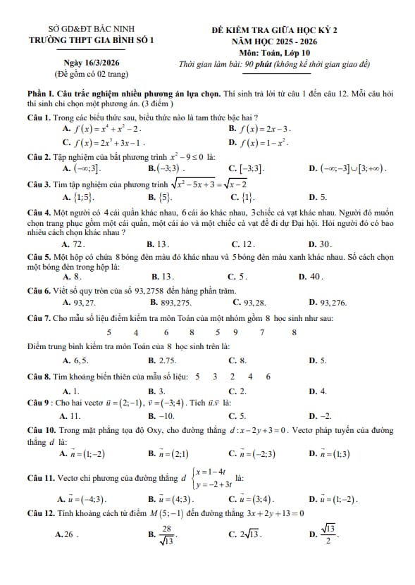 đề giữa học kỳ 2 toán 10 năm 2025 – 2026 trường thpt gia bình 1 – bắc ninh