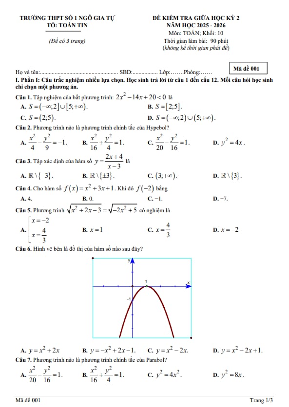 Tài liệu đề giữa học kỳ 2 toán 10 năm 2025 – 2026 trường thpt ngô gia tự 1 – đắk lắk