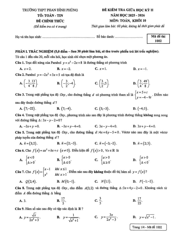 đề giữa học kỳ 2 toán 10 năm 2025 – 2026 trường thpt phan đình phùng – hà nội