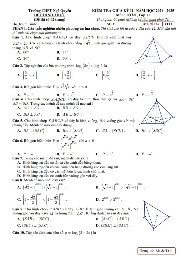 đề giữa học kỳ 2 toán 11 năm 2024 – 2025 trường thpt ngô quyền – đồng nai