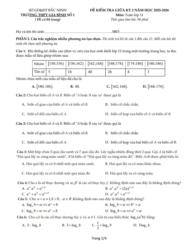 đề giữa học kỳ 2 toán 11 năm 2025 – 2026 trường thpt gia bình 1 – bắc ninh