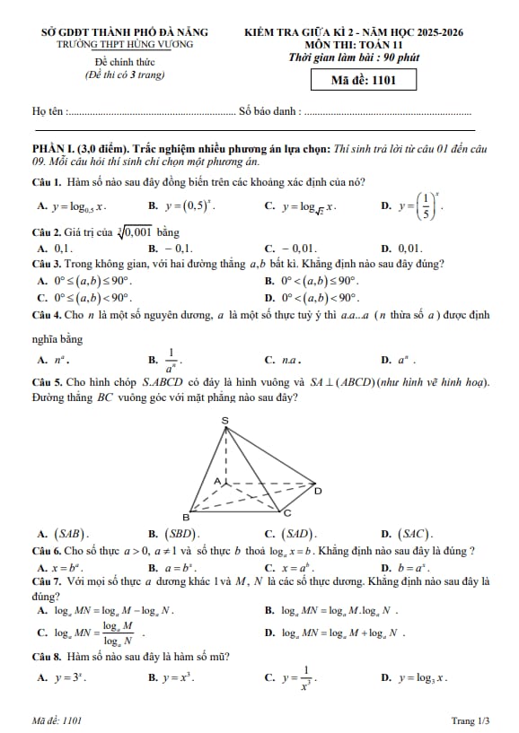 Tài liệu đề giữa học kỳ 2 toán 11 năm 2025 – 2026 trường thpt hùng vương – đà nẵng