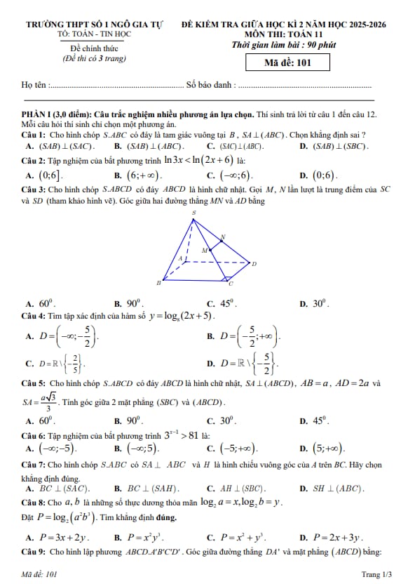 Tài liệu đề giữa học kỳ 2 toán 11 năm 2025 – 2026 trường thpt ngô gia tự 1 – đắk lắk
