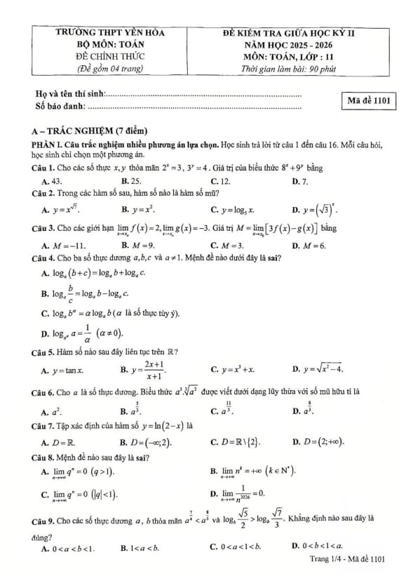 đề giữa học kỳ 2 toán 11 năm 2025 – 2026 trường thpt yên hòa – hà nội