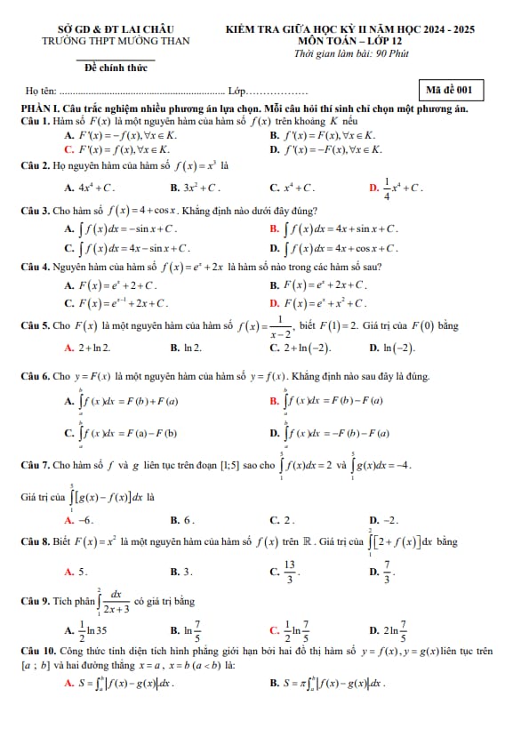 đề giữa học kỳ 2 toán 12 năm 2024 – 2025 trường thpt mường than – lai châu