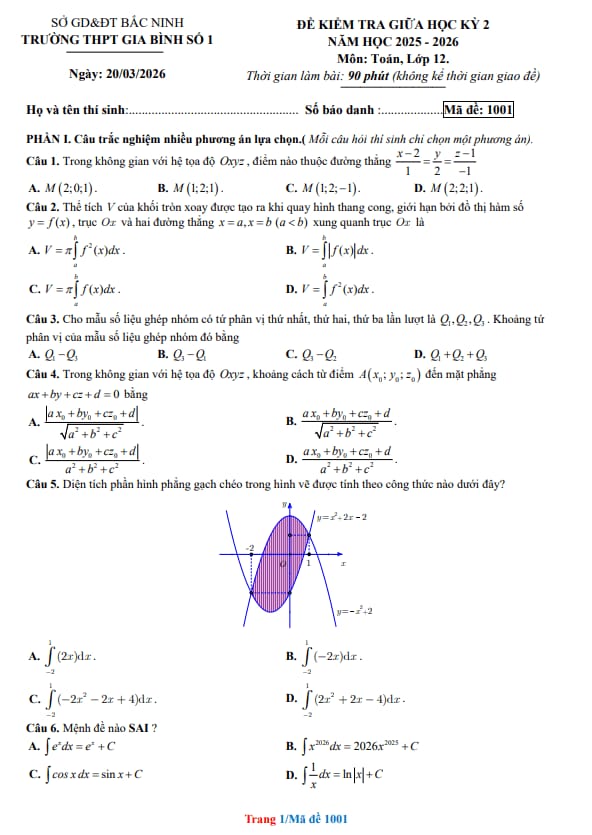 đề giữa học kỳ 2 toán 12 năm 2025 – 2026 trường thpt gia bình 1 – bắc ninh