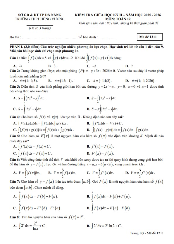 Tài liệu đề giữa học kỳ 2 toán 12 năm 2025 – 2026 trường thpt hùng vương – đà nẵng