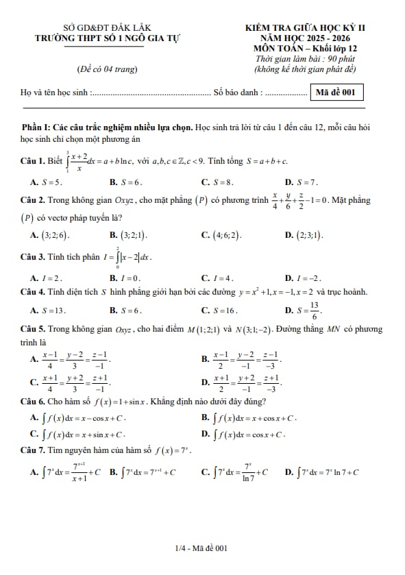 Tài liệu đề giữa học kỳ 2 toán 12 năm 2025 – 2026 trường thpt ngô gia tự 1 – đắk lắk