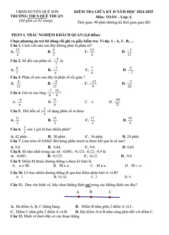 đề giữa học kỳ 2 toán 6 năm 2024 – 2025 trường thcs quế thuận – quảng nam