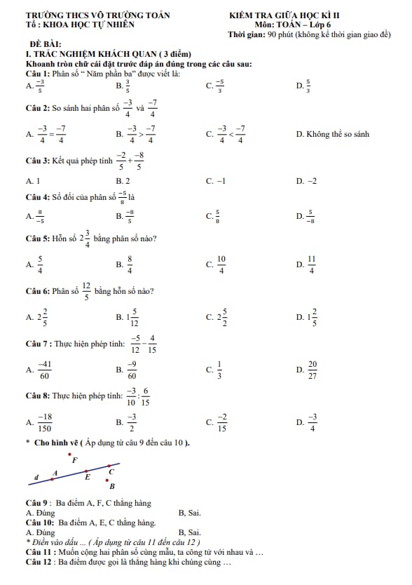 đề giữa học kỳ 2 toán 6 năm 2025 – 2026 trường thcs võ trường toản – tp hcm