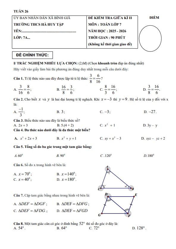 đề giữa học kỳ 2 toán 7 năm 2025 – 2026 trường thcs hà huy tập – tp hcm