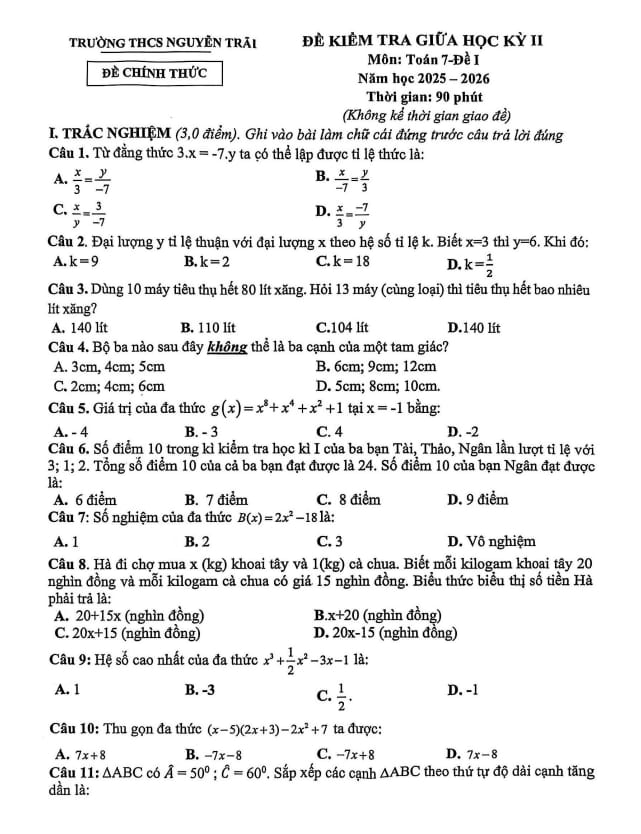 đề giữa học kỳ 2 toán 7 năm 2025 – 2026 trường thcs nguyễn trãi – hà nội
