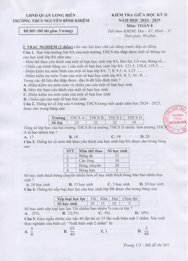 Tài liệu đề giữa học kỳ 2 toán 8 năm 2024 – 2025 trường thcs nguyễn bỉnh khiêm – hà nội
