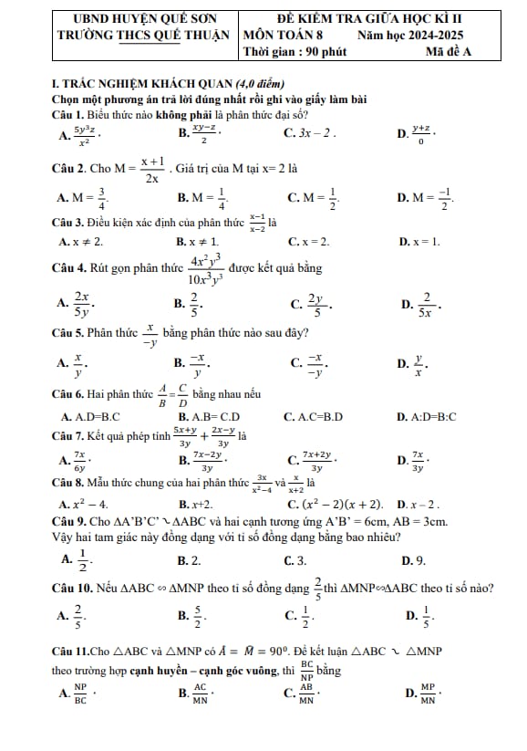 Tài liệu đề giữa học kỳ 2 toán 8 năm 2024 – 2025 trường thcs quế thuận – quảng nam