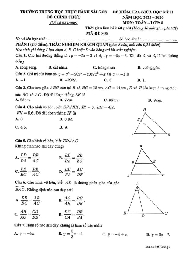 đề giữa học kỳ 2 toán 8 năm 2025 – 2026 trường thực hành sài gòn – tp hcm