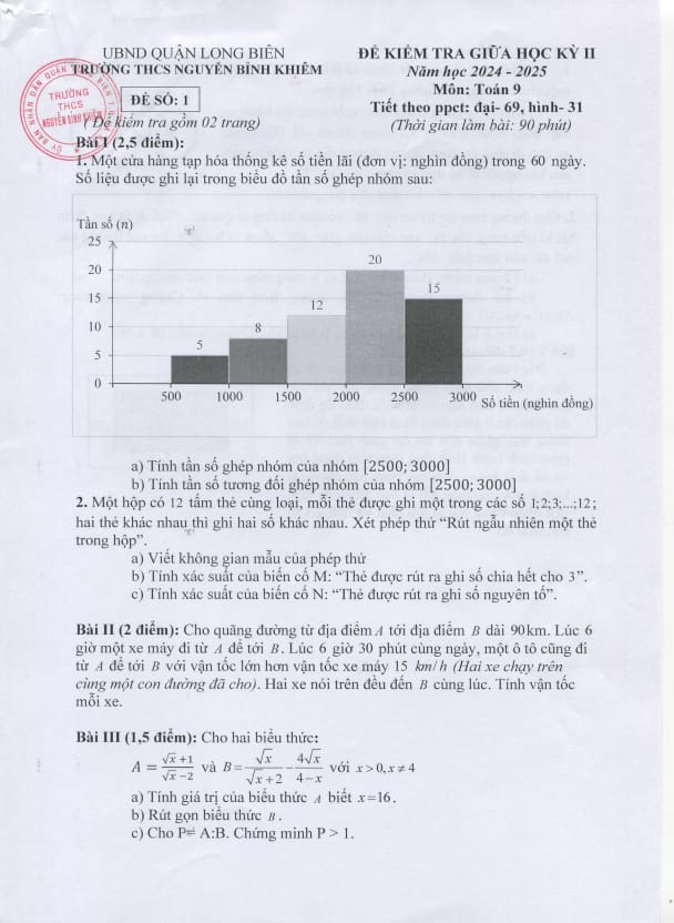Tài liệu đề giữa học kỳ 2 toán 9 năm 2024 – 2025 trường thcs nguyễn bỉnh khiêm – hà nội