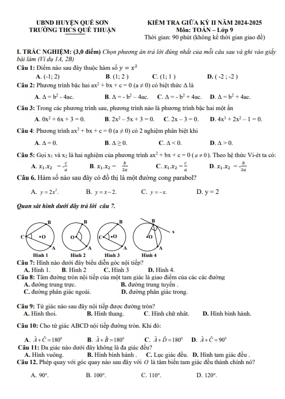 Tài liệu đề giữa học kỳ 2 toán 9 năm 2024 – 2025 trường thcs quế thuận – quảng nam