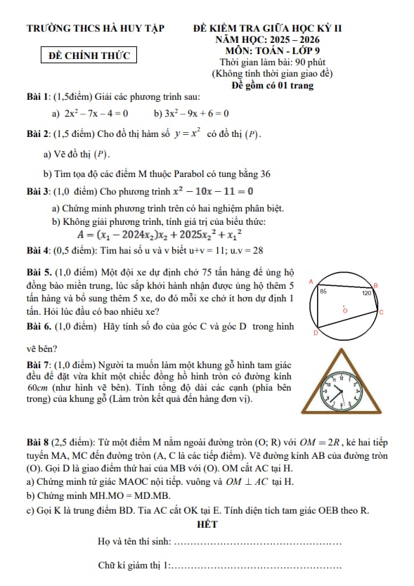 Tài liệu đề giữa học kỳ 2 toán 9 năm 2025 – 2026 trường thcs hà huy tập – tp hcm