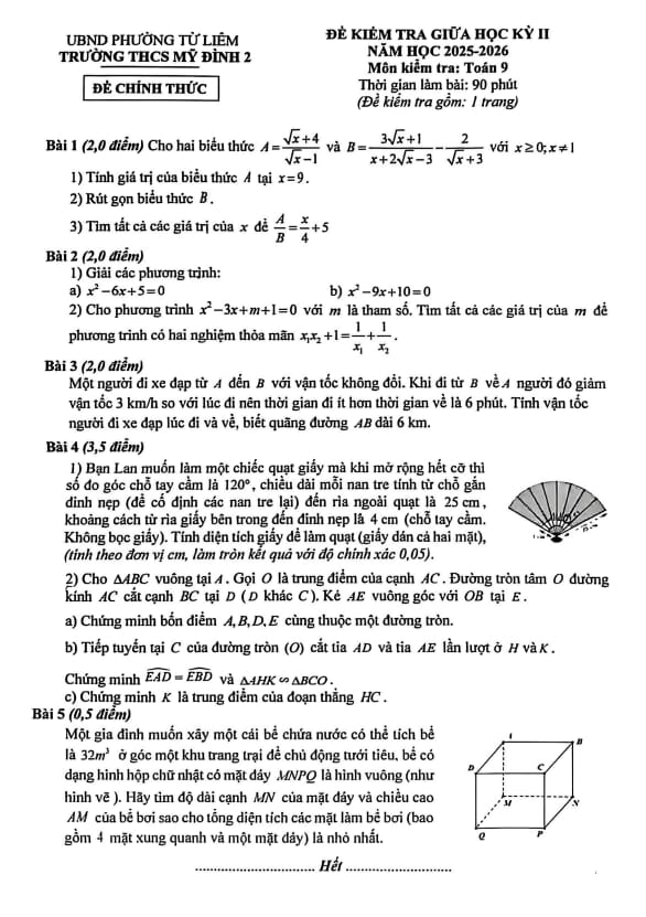 đề giữa học kỳ 2 toán 9 năm 2025 – 2026 trường thcs mỹ đình 2 – hà nội