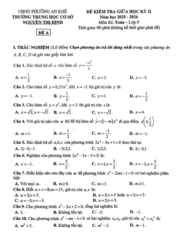 đề giữa học kỳ 2 toán 9 năm 2025 – 2026 trường thcs nguyễn thị định – đà nẵng
