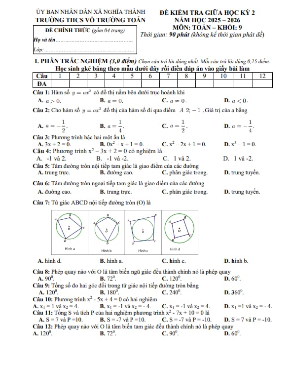 Tài liệu đề giữa học kỳ 2 toán 9 năm 2025 – 2026 trường thcs võ trường toản – tp hcm