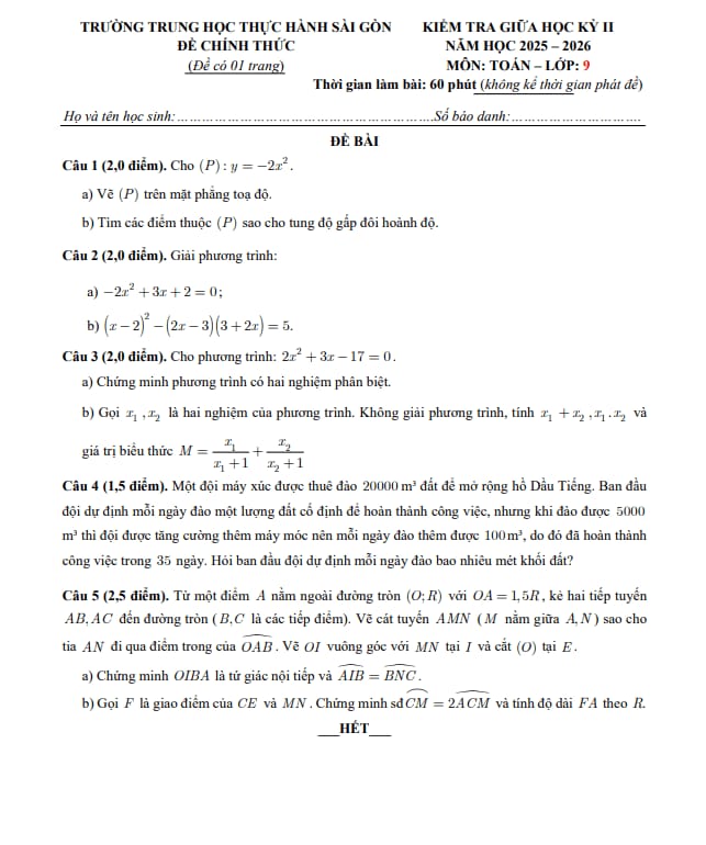 đề giữa học kỳ 2 toán 9 năm 2025 – 2026 trường thực hành sài gòn – tp hcm