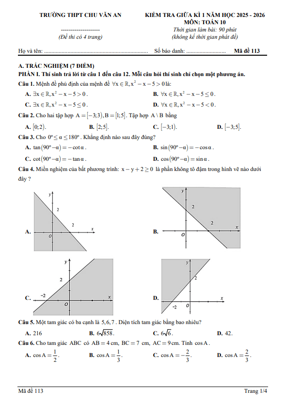 đề giữa kì 1 toán 10 năm 2025 – 2026 trường thpt chu văn an – thái nguyên