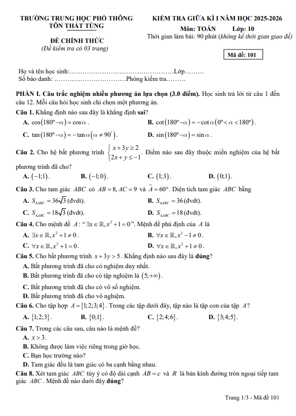 đề giữa kì 1 toán 10 năm 2025 – 2026 trường thpt tôn thất tùng – đà nẵng