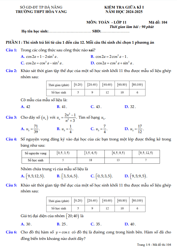 đề giữa kì 1 toán 11 năm 2024 – 2025 trường thpt hòa vang – đà nẵng