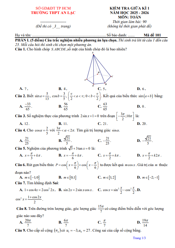 đề giữa kì 1 toán 11 năm 2025 – 2026 trường thpt an lạc – tp hcm